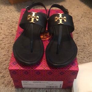 Tory Burch Black Sandals with Gold Emblem